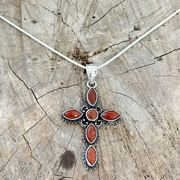 925 Sterling Silver Carnelian cross Necklace Gemstone Womens Jewelry handmade - Picture 3 of 10
